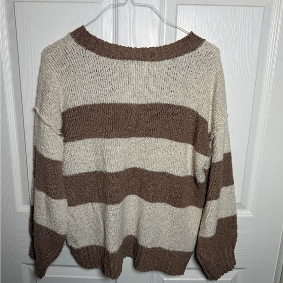 Pink Rose V-Neck Sweater - Cream and Brown Stripes - Picture 2 of 6